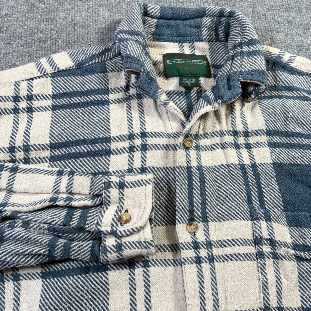 BCM Clothing Co Flannel Shirt Womens S Blue‎ Cream Plaid Cotton Button Up